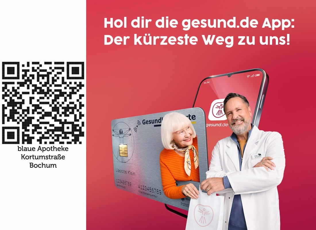 gesund.de App – Blaue Apotheke Kortumstraße Bochum Werbebild der Blauen Apotheke in Bochum mit QR-Code zur gesund.de App, auf rotem Hintergrund eine ältere Frau, ein Apotheker und eine Gesundheitskarte vor einem Smartphone